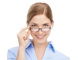 Image showing Business woman, smile portrait and glasses for eyes care, vision wellness and lenses frame. Happy, ophthalmology happiness and eye care, eyeglasses and employee optometry success in white background