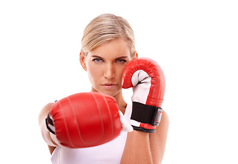 Image showing Portrait, woman and boxer training, match and fitness for competition, workout or girl isolated on white studio background. Female athlete, fighter and lady with boxing gloves, practice or tournament