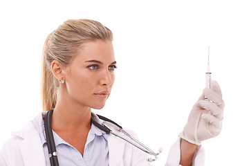 Image showing Woman doctor, healthcare and syringe for a injection on a white background for health and wellness. Face of a female medical worker with medicine, drugs or vaccine shot mockup in hand in studio