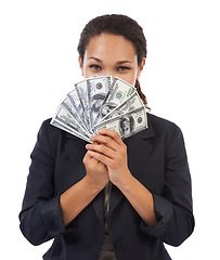 Image showing Business black woman, cash with money and dollar in portrait, wealth and corporate finance isolated on white background. Financial company, funding with savings, invest and banking with bonus reward