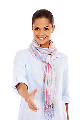 Image showing Portrait, handshake and welcome with a black woman in studio isolated on a white background during a meeting. Deal, support and hiring with a young female offering a hand shake on blank space