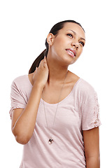 Image showing Stress, uncomfortable and model in studio with neck pain, injury or accident for medical emergency. Painful, hurt and girl from Mexico with muscle sprain, sore or tension isolated by white background