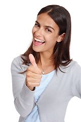 Image showing Hand, thumbs up emoji and portrait of a woman in studio for winning, success and thank you. Happy female with yes, vote and like sign for deal, sale or discount isolated on a white background