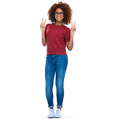 Image showing Portrait, peace sign and emoji with a black woman in studio isolated on a white background with a hand gesture. Comic, social media and a happy young female posing on blank advertising space