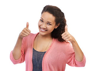 Image showing Face portrait, thumbs up and woman in studio isolated on a white background. Hands gesture, like emoji and happy female model with thumbsup for success, support or approval, thank you or agreement