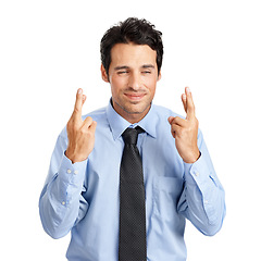 Image showing Businessman hands, hope and fingers crossed on studio background mockup in new job or employment opportunity. Expression, nervous and luck hand gesture for worker anxiety, nervous or positive change