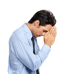 Image showing Businessman, praying hands or studio background in hope, wish or faith for new job opportunity or company promotion. Corporate worker, employee or prayer hand gesture in god help, support or future