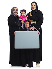 Image showing Muslim family, portrait and poster space with children, mother and grandmother together in hijab. Islam religion peace banner with women and kids together for advertising isolated on white background