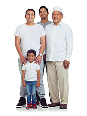 Image showing Men, child and muslim family portrait for Islam religion in studio with love, peace and arab culture. Islamic day, people and kid together for eid, support and trust isolated on a white background
