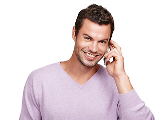 Image showing Phone call, conversation and man portrait with smile and contact talking on tech with white background. Isolated, happiness and communication of a person on mobile phone speaking with mockup