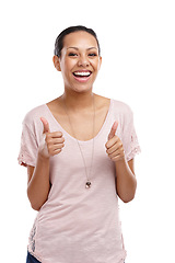 Image showing Portrait, thumbs up and motivation with a model black woman in studio isolated on a white background. Emoji, hands and support with a young female winner on blank space for review or feedback