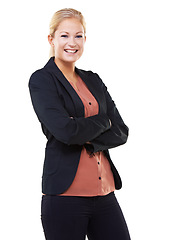 Image showing Leadership, arms crossed and portrait of business woman in studio isolated on a white background mock up. Ceo, boss and face of happy female entrepreneur with vision, mission and success mindset.