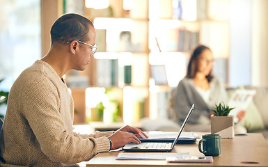 Image showing Business, man and typing in office, employees and corporate growth, sales and digital marketing. Startup, ceo and woman in workplace, company advertising and laptop for connection and online schedule