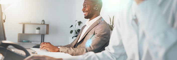 Image showing Call center, computer and business man in office virtual communication, IT support or customer service in networking success. Telemarketing sales, talk and happy black man worker or online consultant