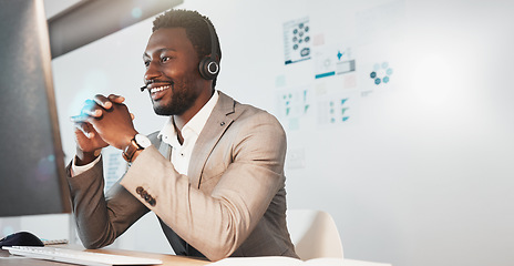 Image showing Video call, computer and businessman with telemarketing, call center or online communication strategy, networking or sales goals. Telecom, virtual zoom call and african ecommerce worker in conference