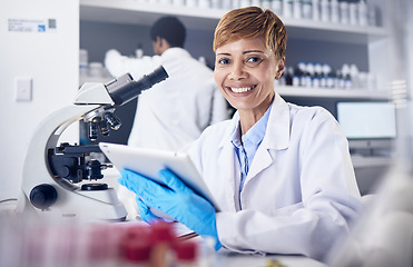 Image showing Science, tablet and woman in laboratory, research and healthcare with digital analysis. Female researcher, scientist and expert for medical diagnosis, cure and innovation for online data and focus.