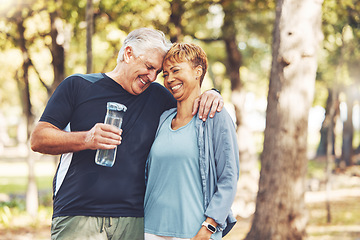 Image showing Fitness, funny or old couple of friends in nature laughing at a joke after training, walking or workout. Comic, support or happy senior woman bonding with elderly partner in interracial marriage