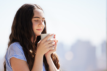 Image showing Woman, coffee and relax outdoor for calm freedom, peace summer vacation or travel holiday with closed eyes. Sunshine, drinking tea and young girl relaxing, thinking and breathing fresh morning air