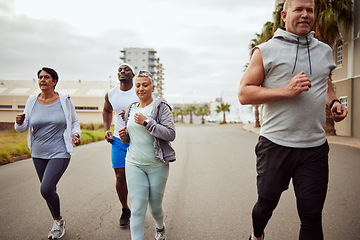 Image showing City, fitness or senior people in running exercise, cardio workout or sports exercise outdoors. Motivation, runners or healthy sports men and women with mission target, vision focus or body goals