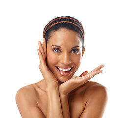 Image showing Face portrait, skincare and beauty of woman in studio isolated on a white background. Natural cosmetics, makeup and happy female model satisfied with spa facial treatment for wellness or healthy skin