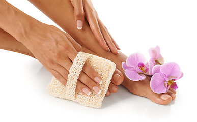 Image showing Spa, scrub and woman with cosmetics, feet and natural beauty for lady isolated on white studio background. Lady, flower and foot with skincare, cleaning and dermatology for luxury pedicure treatment