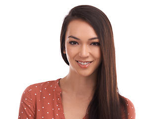 Image showing Beautiful woman, portrait smile and face in beauty for profile happiness against a white studio background. Happy isolated attractive casual female smiling in confidence with long hair on mockup