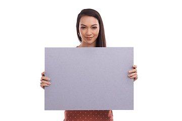 Image showing Portrait, poster and mockup with a woman in studio isolated on a white background for advertising or marketing. Billboard, branding and product placement with black space for news or an announcement