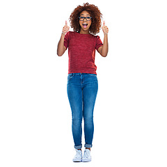 Image showing Portrait, black woman and student with thumbs up, smile and girl isolated on white studio background. Nigerian female, lady and gesture for success, like and happiness with good news and positive