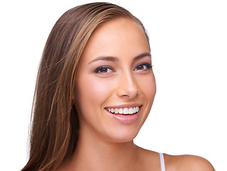 Image showing Portrait, woman and face for beauty with hair and skin with makeup and cosmetics isolated against white background. Cosmetic care, wellness and hair care with keratin, skincare and beauty treatment