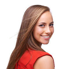 Image showing Smile, beauty and portrait of a woman isolated on a white background with a positive mindset. Face of a young female model happy in studio with skin glow makeup, cosmetics and hair or dental care