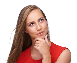 Image showing Thoughtful, pensive and woman thinking in studio for planning, wondering and daydreaming. Idea, ponder and female model from Brazil brainstorming or contemplating while isolated by white background.