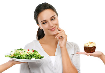 Image showing Woman with salad or cake choice isolated on white background and thinking of healthy food, diet or detox. Chocolate cupcake, green vegetable and model with offer, decision or idea in studio mockup