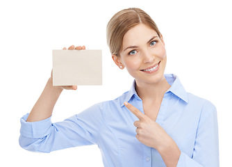 Image showing Presentation, card and portrait of a business woman marketing a brand on a white background in studio. Showing, branding and employee pointing to paper for advertising of logo on a studio background