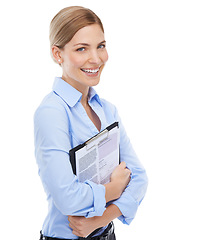 Image showing Business woman, portrait and documents clipboard on white background in cv review, recruitment or job interview. Smile, happy worker and human resources woman with contract in isolated we are hiring