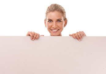 Image showing Mockup, studio portrait and woman with billboard, placard or poster for marketing, advertising or product placement. Sign, banner space and sales model girl with promotion mock up on white background