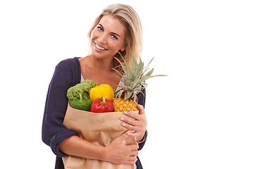 Image showing Shopping, portrait or happy woman with vegetables, fruit or healthy food in studio on white background. Diet, smile or happy customer with fruits isolated on marketing or advertising mockup space