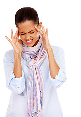 Image showing Woman, headache and stress or pain while frustrated with anxiety, depression and burnout or mental health. Face of a female feeling fatigue, sick or brain fog problem isolated on a white background