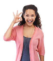 Image showing OK sign, black woman portrait and hand for support, success and approval on white background. Smile and face of excited female model with perfect finger emoji for motivation, feedback or review