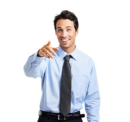Image showing Businessman portrait, you or pointing hands on studio background in employment opportunity, candidate choice or selection. Smile, happy or choosing worker finger in vote or optimism gesture on mockup
