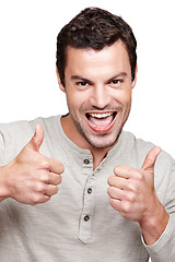 Image showing Portrait, thumbs up and support with a man in studio isolated on a white background as a winner or for motivation. Thank you, goal and target with an excited man showing a positive hand sign or emoji