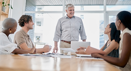 Image showing Business, man and team with leader, meeting or brainstorming in office. Teamwork, male employee or ceo with staff, group project or share idea for collaboration, leadership or innovation in workplace