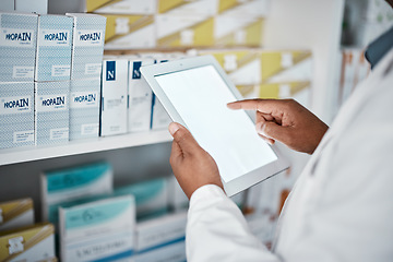 Image showing Medicine, mockup or hands of pharmacist with a tablet on pharmacy database online for drugs stock or inventory. Pills, marketing space or doctor working on healthcare research on ui digital screen