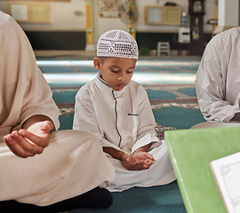 Image showing Muslim, child or men prayer to worship Allah in holy temple or mosque with gratitude as a family on Ramadan. Islamic, community or people in praying with boy or kid for Gods support, spiritual peace