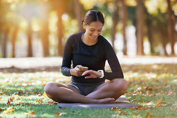 Image showing Fitness, phone and woman with watch in nature to track training time, workout schedule and progress in Australia. Communication, health and athlete with mobile and smart watch for exercise in a park