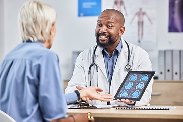 Image showing Doctor, patient and black man with tablet, brain scan or results for disease, explain procedure or healthcare. Medical professional, senior female or woman in office, cure or conversation for surgery