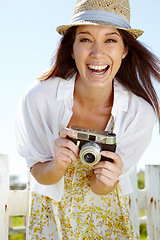 Image showing Laughing photographer, portrait or happy woman and digital camera on holiday or summer vacation in Italy. Smile, face or travel vlogger with vintage photography for tourist influencer in nature