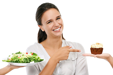 Image showing Salad, cake and woman with unhealthy decision in studio for food, sugar and diet marketing. Chocolate cupcake, green vegetable and model happy decision or hand sign on white background and mockup