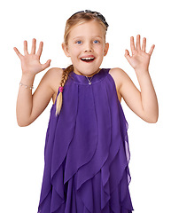Image showing Girl kid, studio portrait and surprise with hands, palm and playful happiness by white background. Isolated happy model, child and wow with shock face, hand gesture and smile with childhood fashion