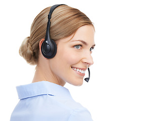 Image showing Face, call center and customer service of woman in studio isolated on white background mock up. Crm, thinking and smile of happy female telemarketing worker, consultant or sales agent from Canada.