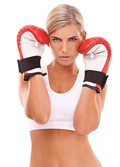 Image showing Portrait, boxer or woman in fitness training, workout or exercise in studio with motivation, pride or focus. Face, mindset or healthy girl sports athlete in fighting or boxing gloves for self defense